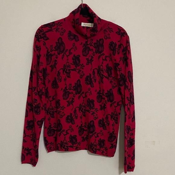 Vintage peck and peck Floral Red Turtleneck Women Top sweater cashmere soft Y2K - Picture 1 of 6